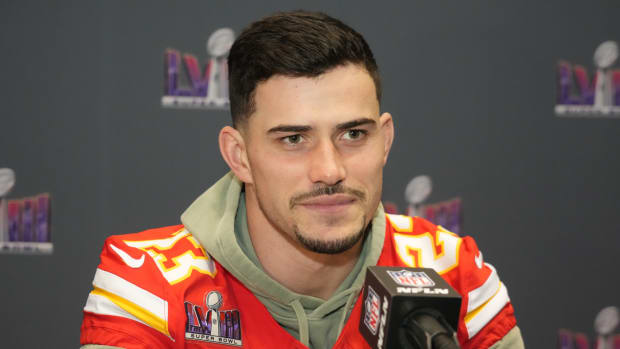 Feb 6, 2024; Las Vegas, NV, USA; Kansas City Chiefs linebacker Drue Tranquill (23) during a press conference before Super Bowl LVIII at Westin Lake Las Vegas Resort and Spa. Mandatory Credit: Kirby Lee-USA TODAY Sports  
